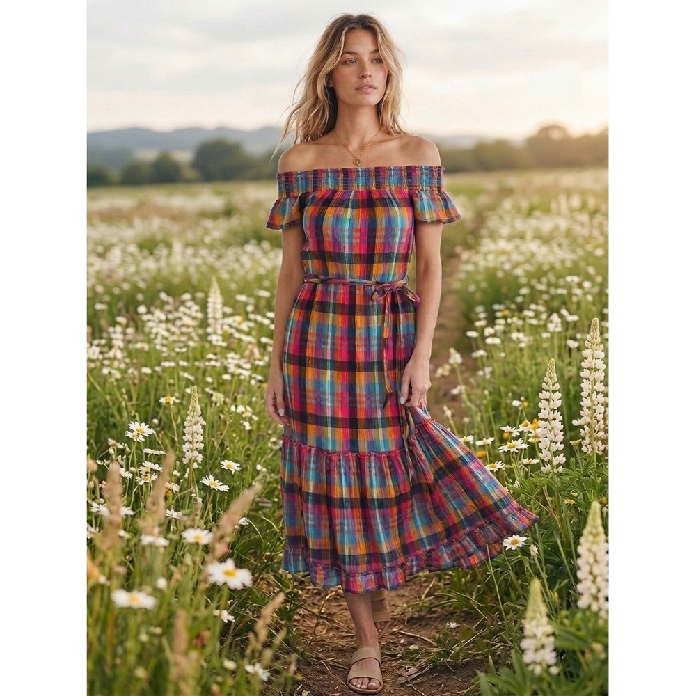 Womens Praire Off The Shoulder Plaid Gauze Midi Dress M Belt Boho Cottagecore